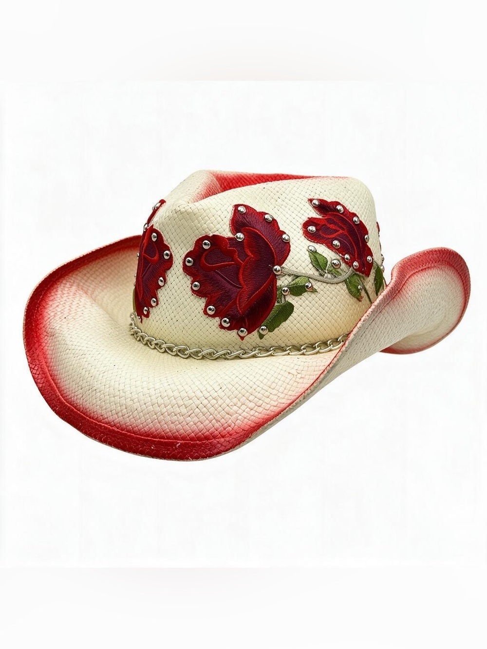 Scala Cream Straw Cowboy women’s western Red Rose Embroidery Shapeable Hat